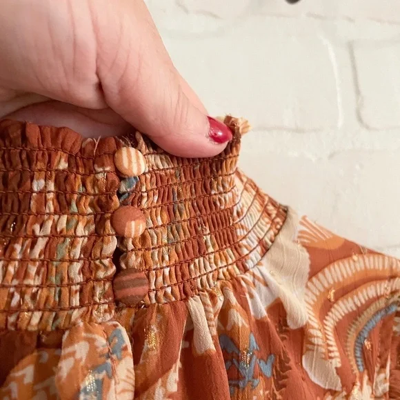 Joie Metallic Floral Flutter Sleeve High Neck Blouse Rust Sz XS - Picture 5 of 12